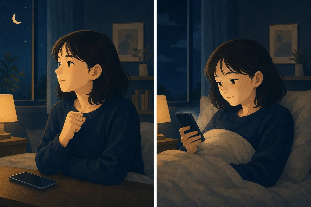 やめる誓いと反動を対比した夜のイラスト