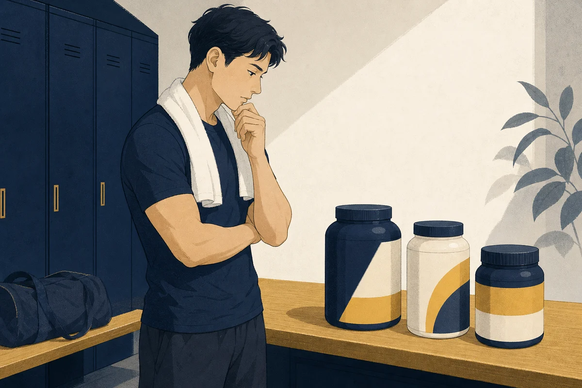 三種類のサプリを前に迷う人の手元のイラスト