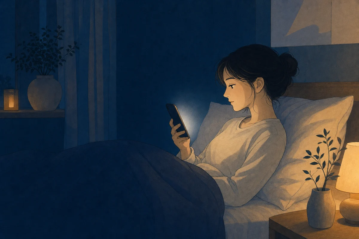 深夜のベッドでスマホを見続ける人のイラスト