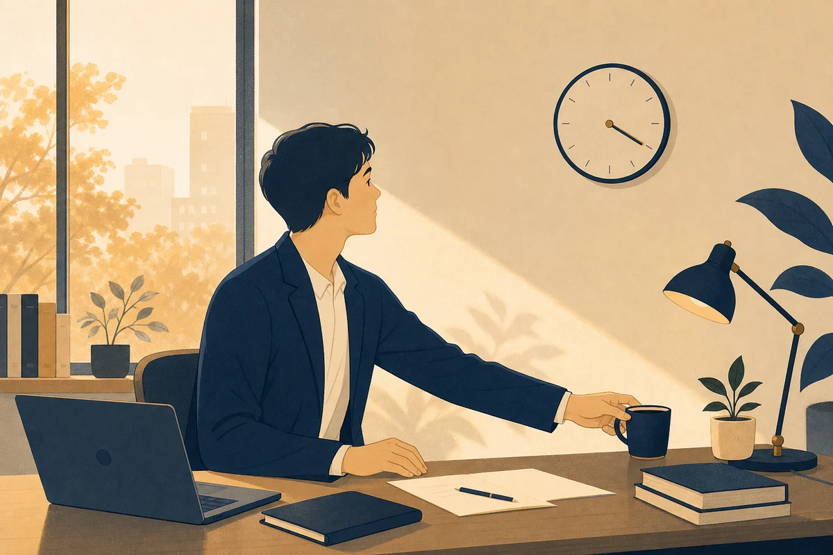 午後にコーヒーへ手を伸ばす人のイラスト