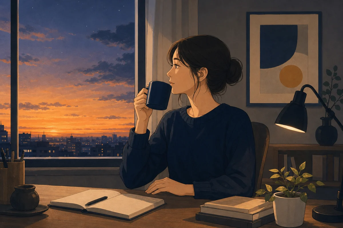 夕方にコーヒーを飲む人のイラスト