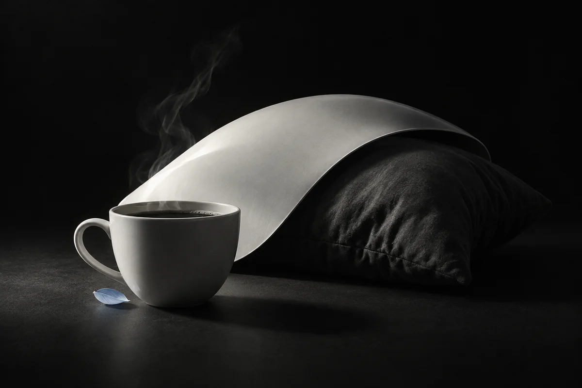 コーヒーカップの奥で黒い枕を白い曲面が覆う静物画像