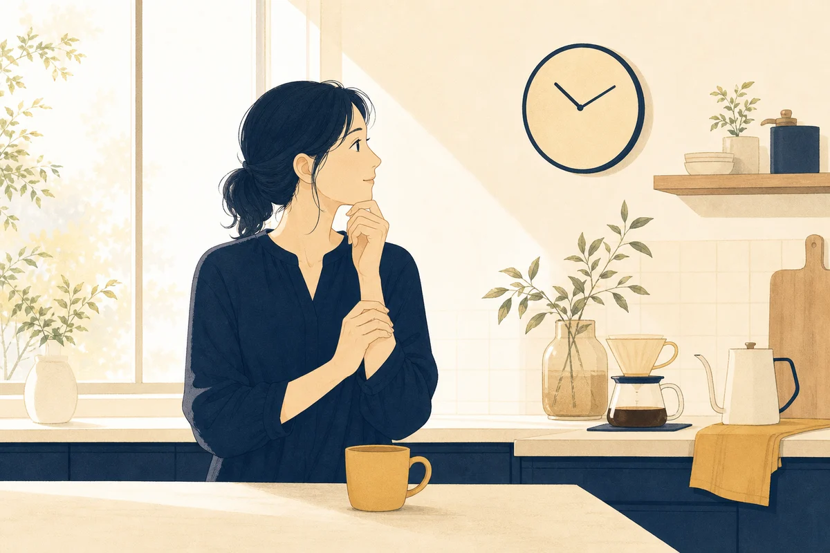 朝、時計を見ながらコーヒーに手を伸ばす人のイラスト