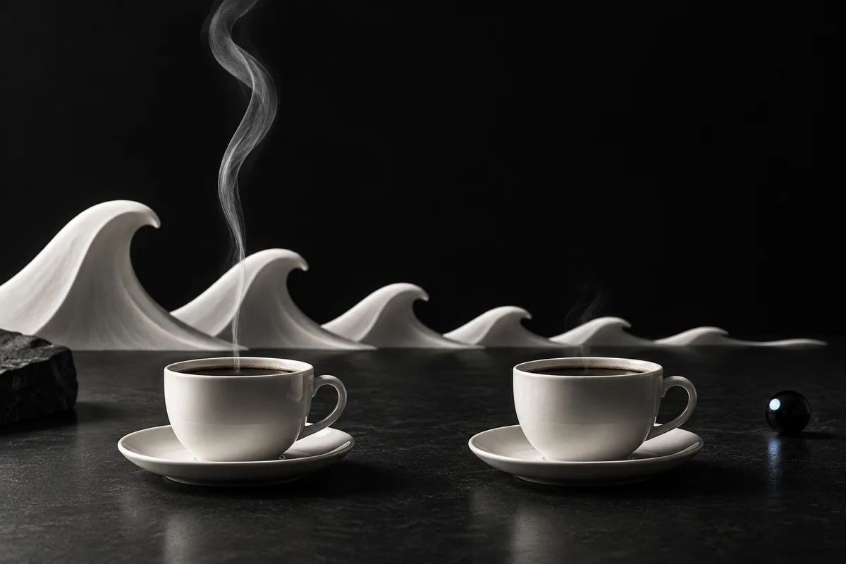 湯気の量が異なる二杯のコーヒーと次第に小さくなる波の静物画像
