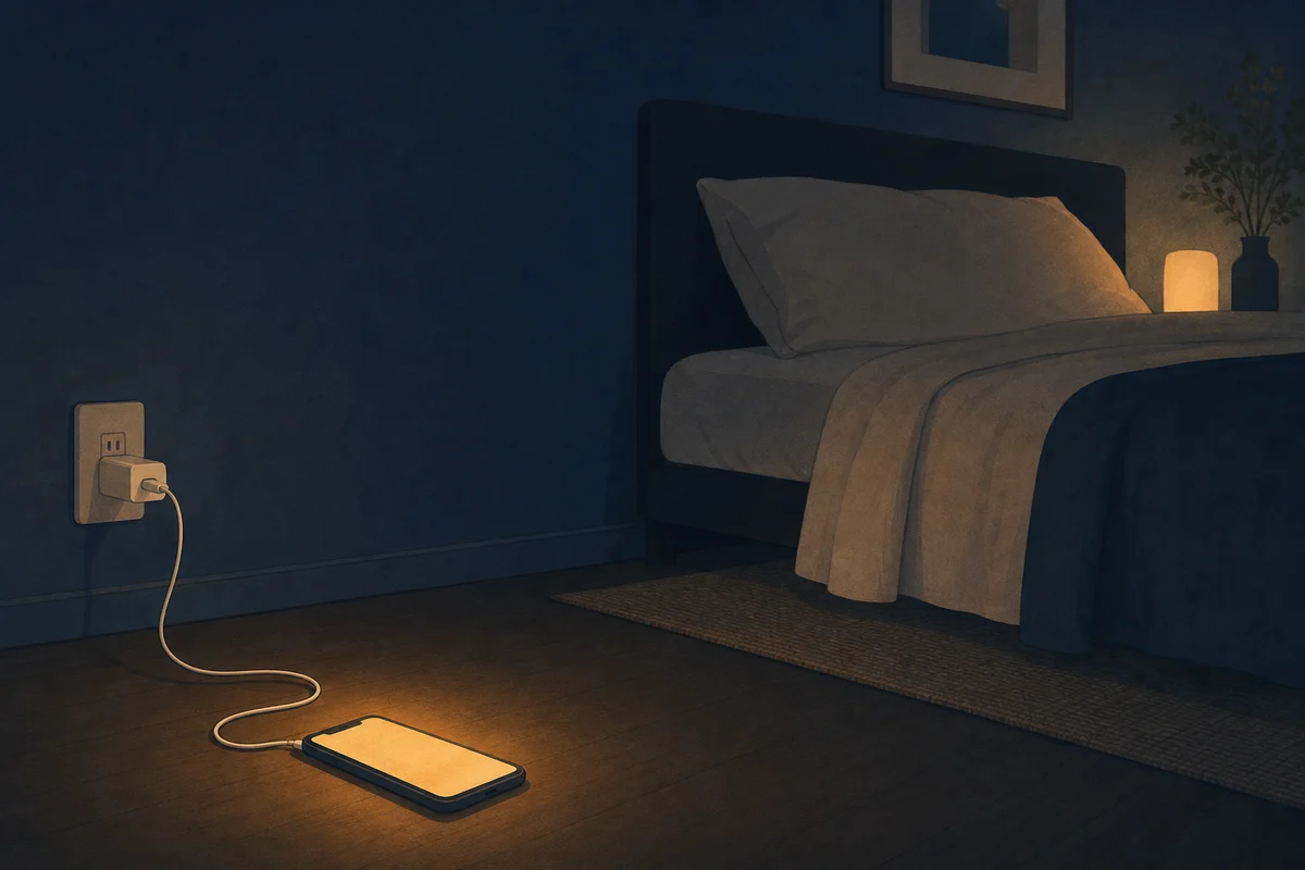 枕元で充電され画面が光るスマホのイラスト