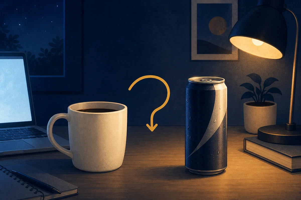深夜の机でコーヒーとエナジードリンクの缶に手を伸ばしかける様子のイラスト