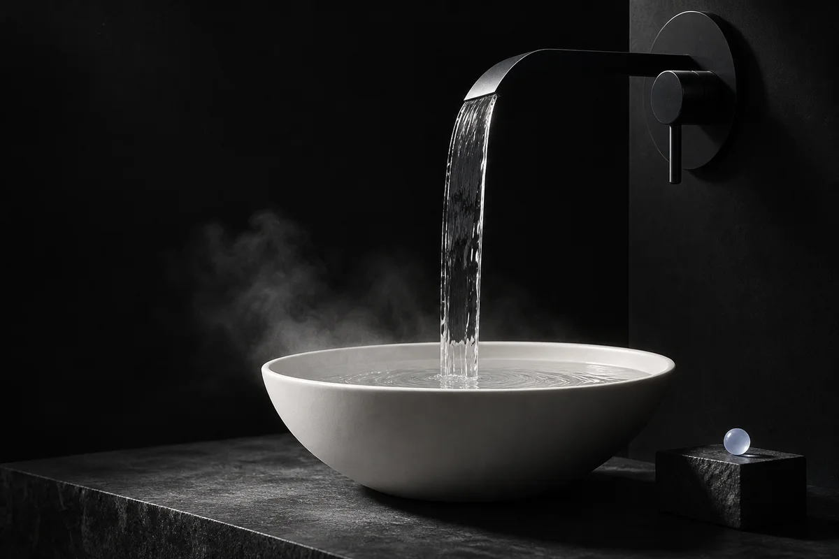 黒い吐水口から白い器へ薄い水の膜が落ちる静物画像