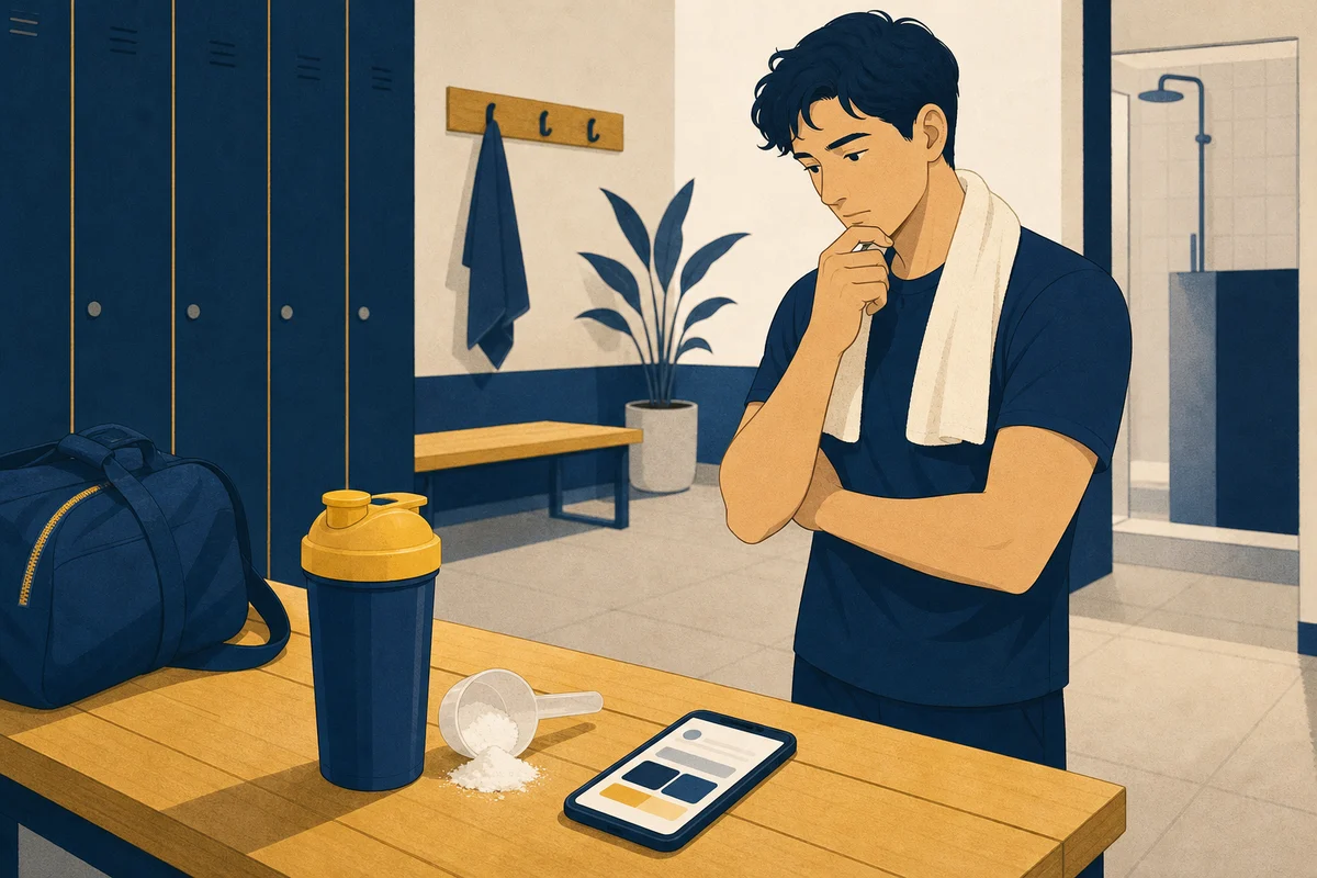 シェイカーを手にスマホで検索して手を止める人のイラスト