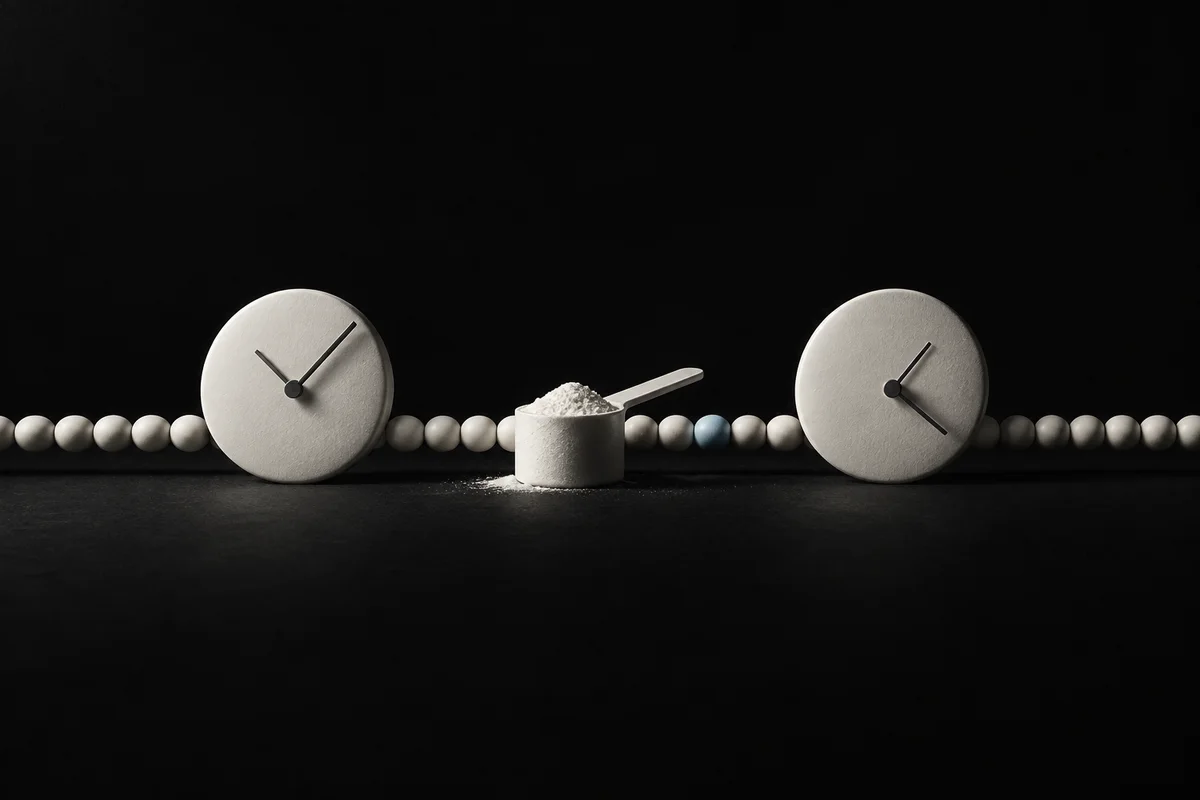 二つの時計と粉末入りスコップの背後に白い球が連続する静物画像