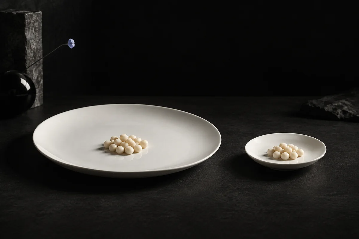 同じ量の白い粒を大小二枚の皿に載せて比べた静物画像