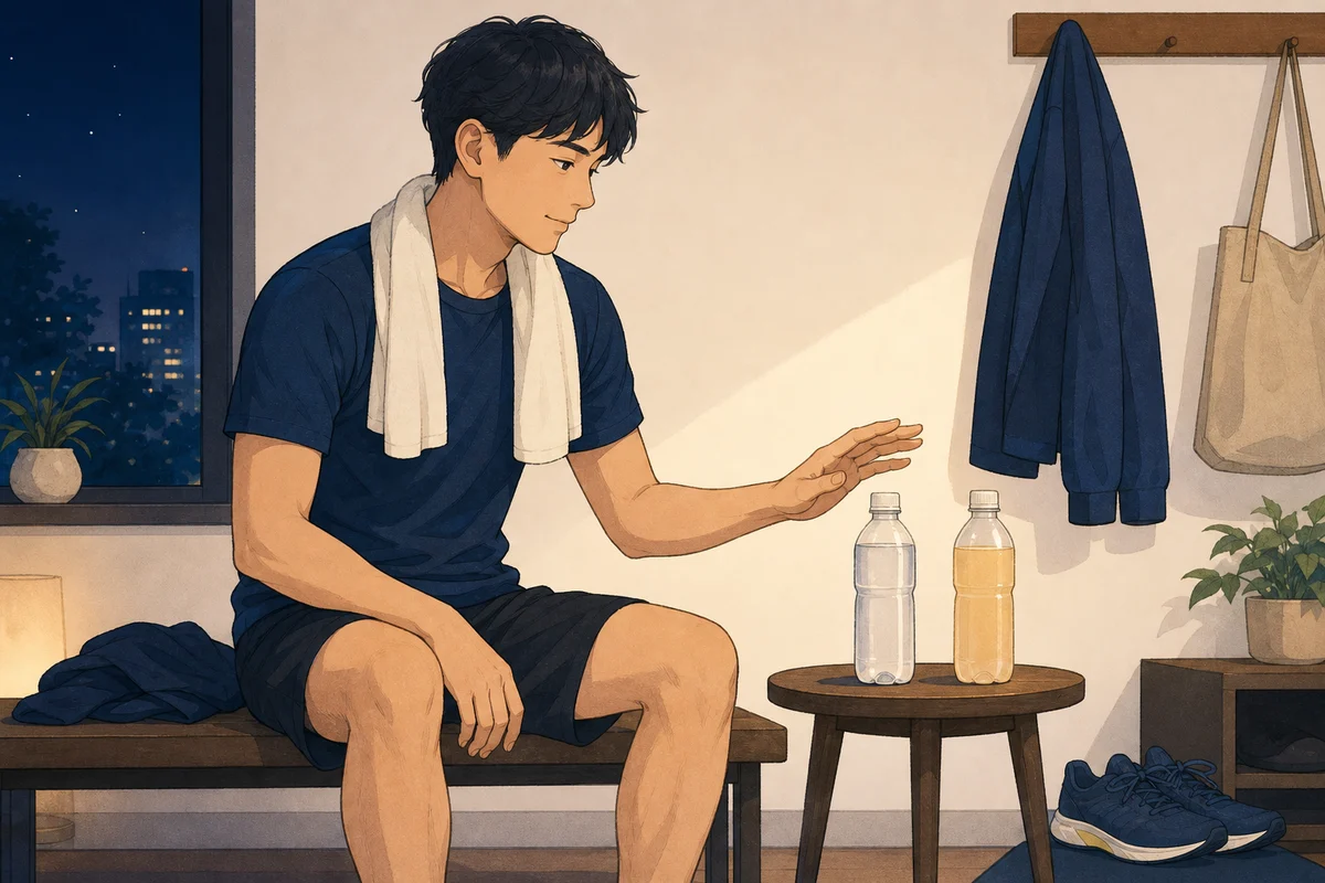 運動後に水と電解質ドリンクの間で迷う手元のイラスト