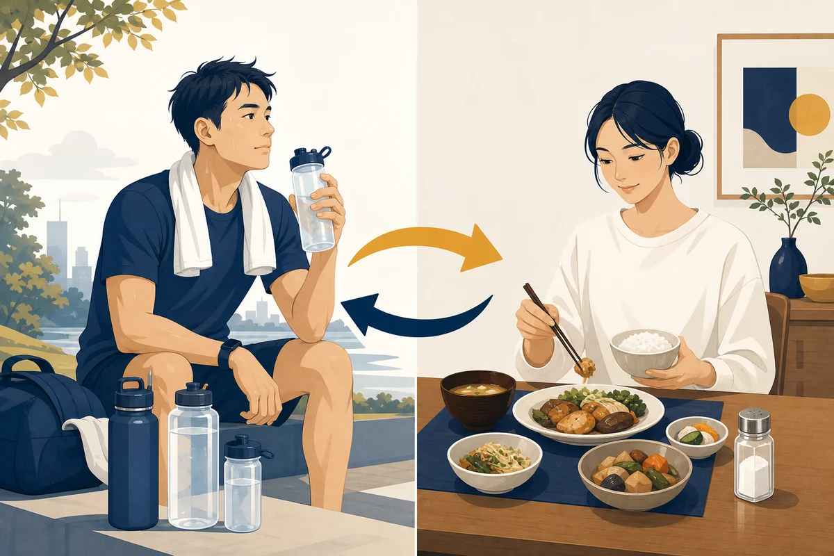 運動時と日常で塩と水の話が逆向きになることを示す抽象イラスト