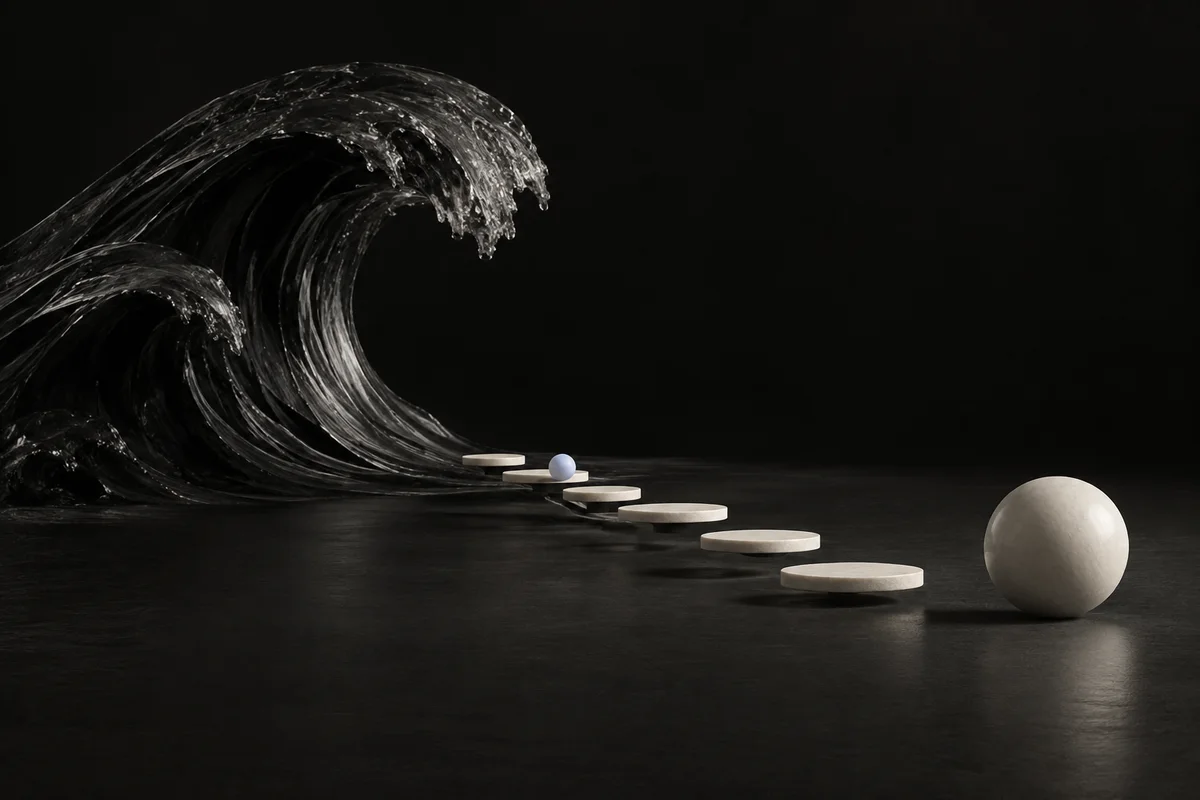 黒い波と白い球の間に飛び石が距離を作る静物画像