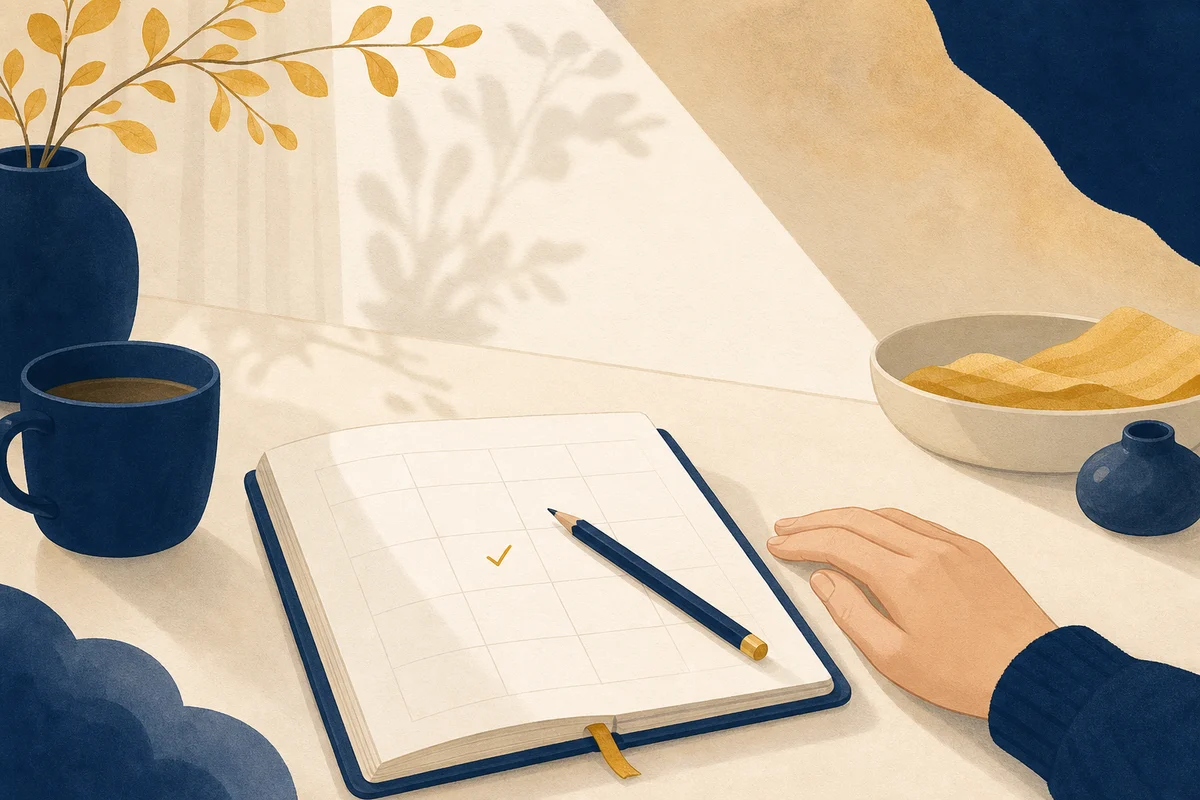 小さな達成のチェックが1つ付いた記録を見る朝の場面のイラスト