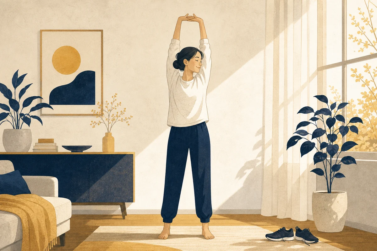 朝の部屋で伸びをする人のイラスト