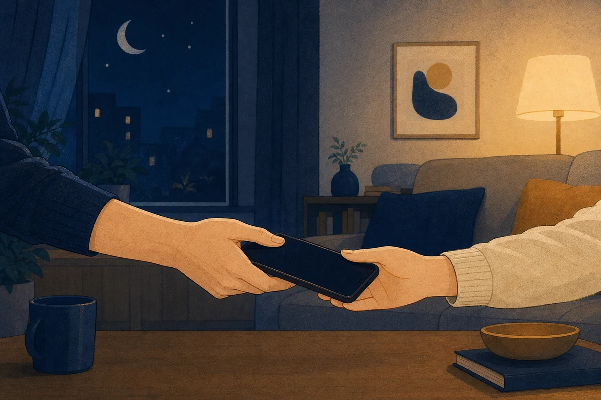 夜に家族へスマホを手渡す手元のイラスト