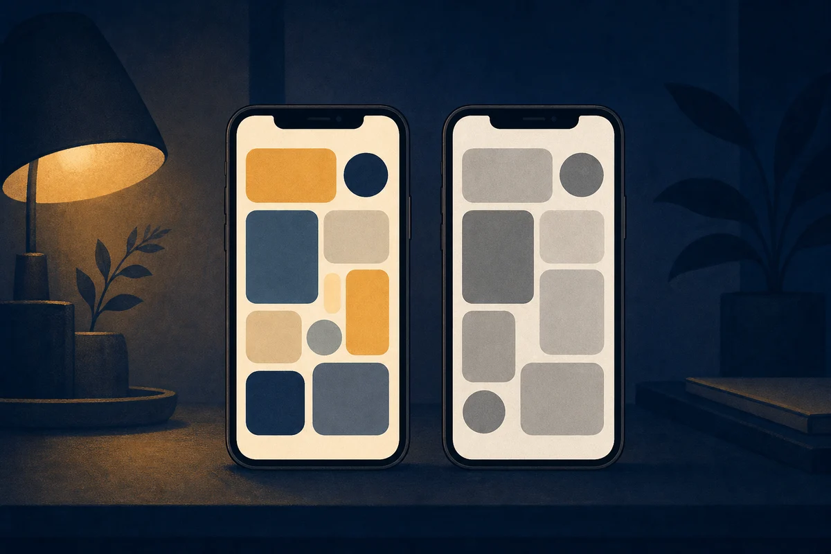 夜に画面を白黒へ切り替える対比を示すイラスト