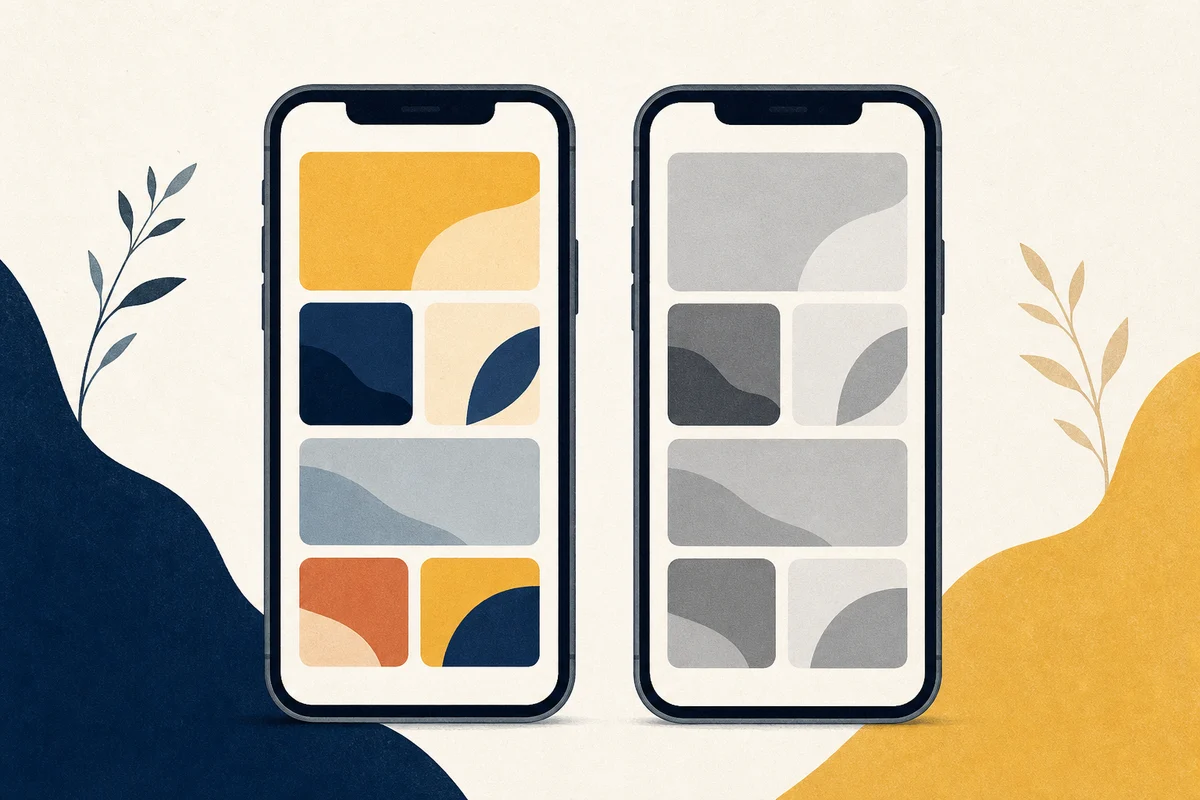 カラーと白黒のスマホ画面を対比したイラスト
