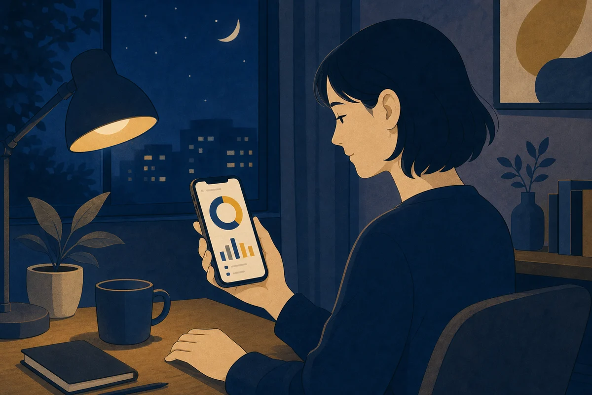 スクリーンタイムの数字を見つめる夜の人のイラスト