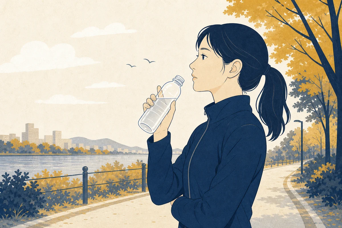 ボトルを手に飲むか迷う運動中の人のイラスト