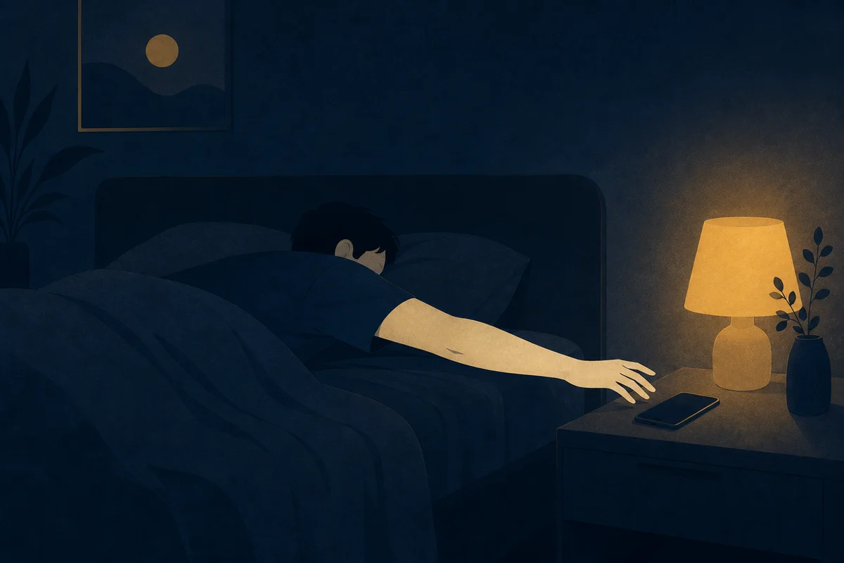 就寝時に枕元のスマホへ手を伸ばす人のイラスト