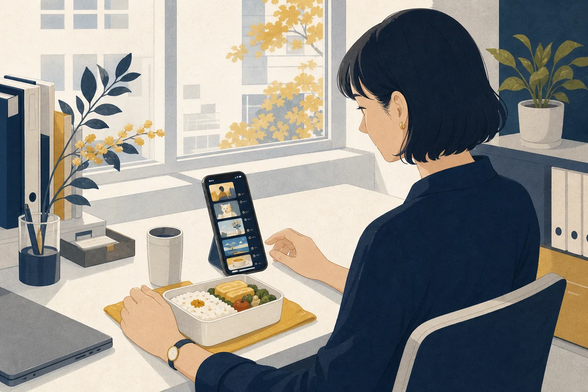 昼休みにショート動画を見る手元の場面のイラスト
