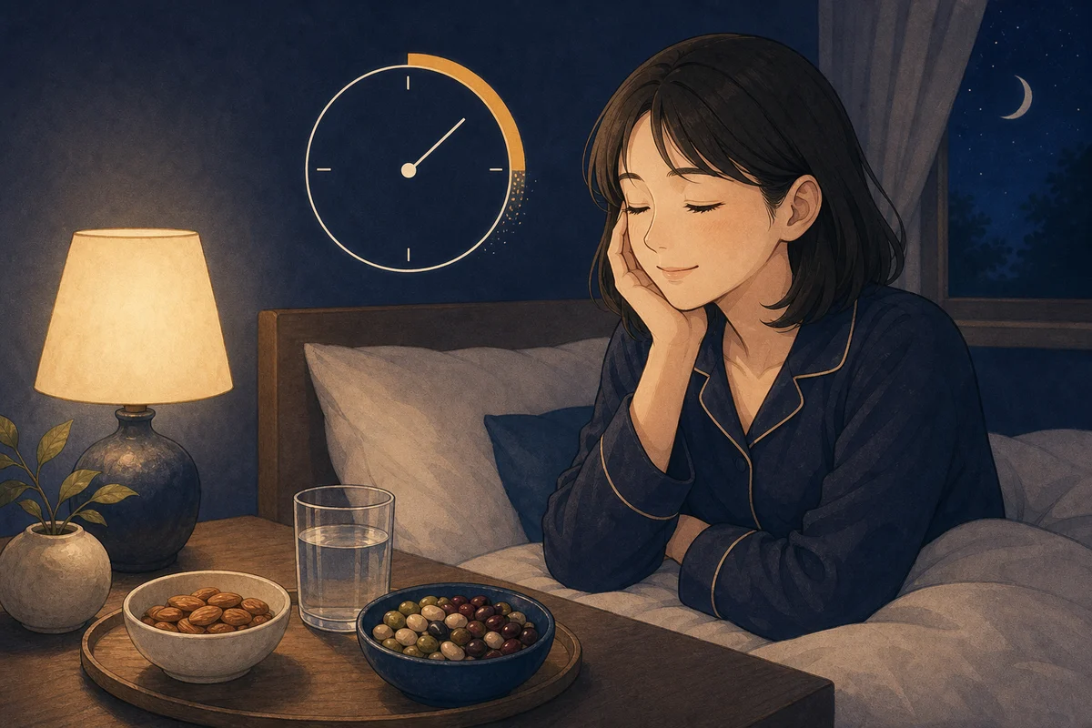 夜のベッドサイドのナッツと入眠時間を示す時計