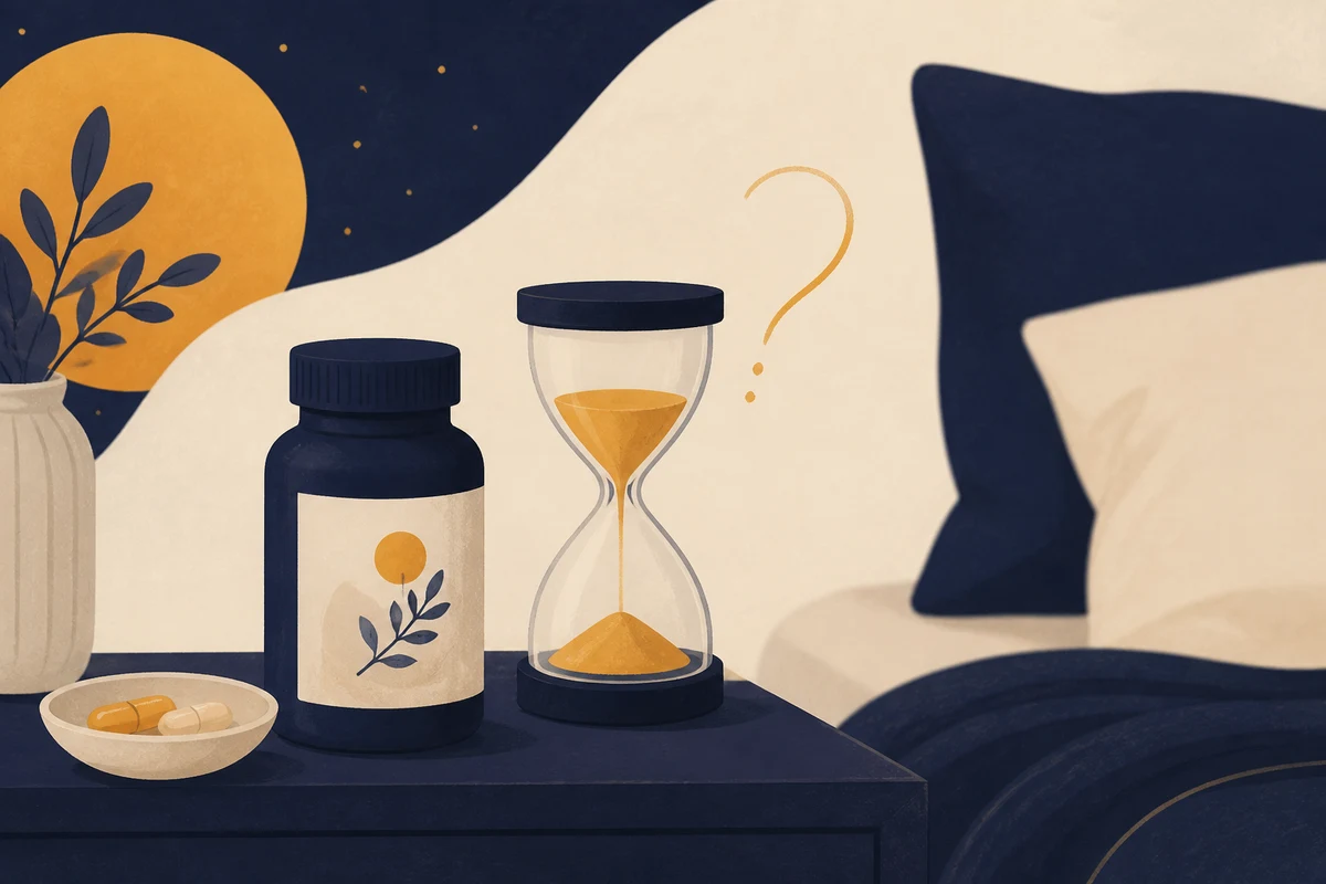 枕元にサプリのボトルを置いて眠れずにいる人のイラスト