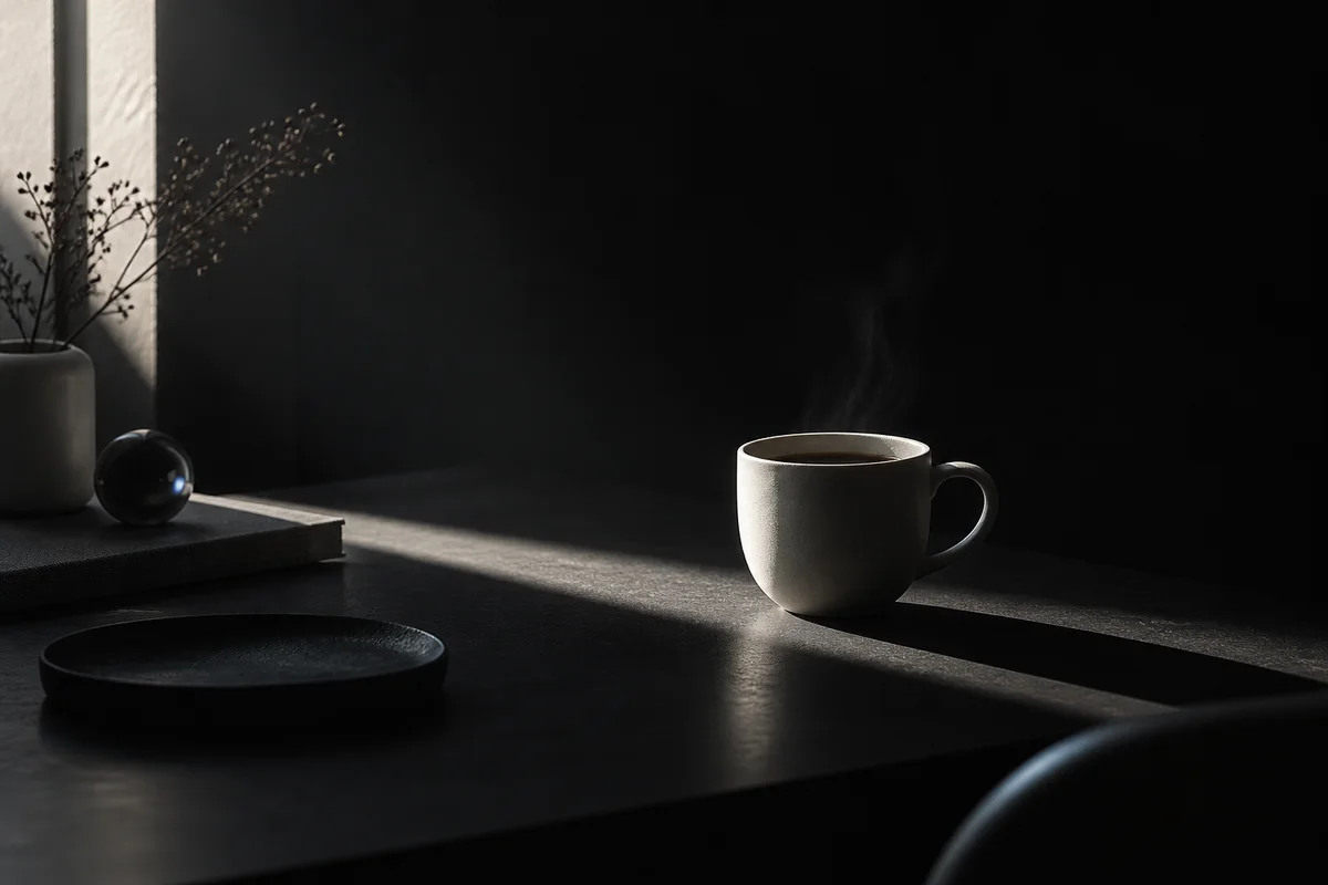 黒い机を横切る細い光が白いカップを照らす静物画像