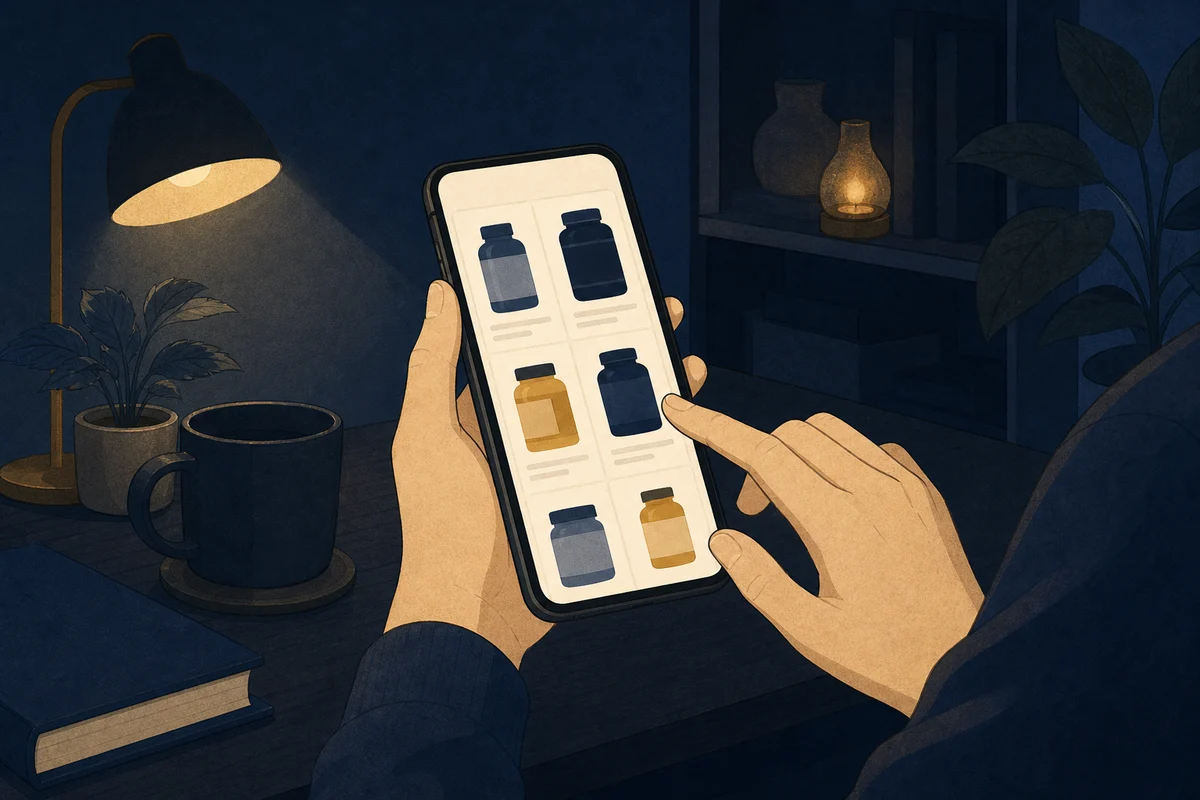 スマホの通販画面に並ぶサプリ容器を見る夜の場面のイラスト