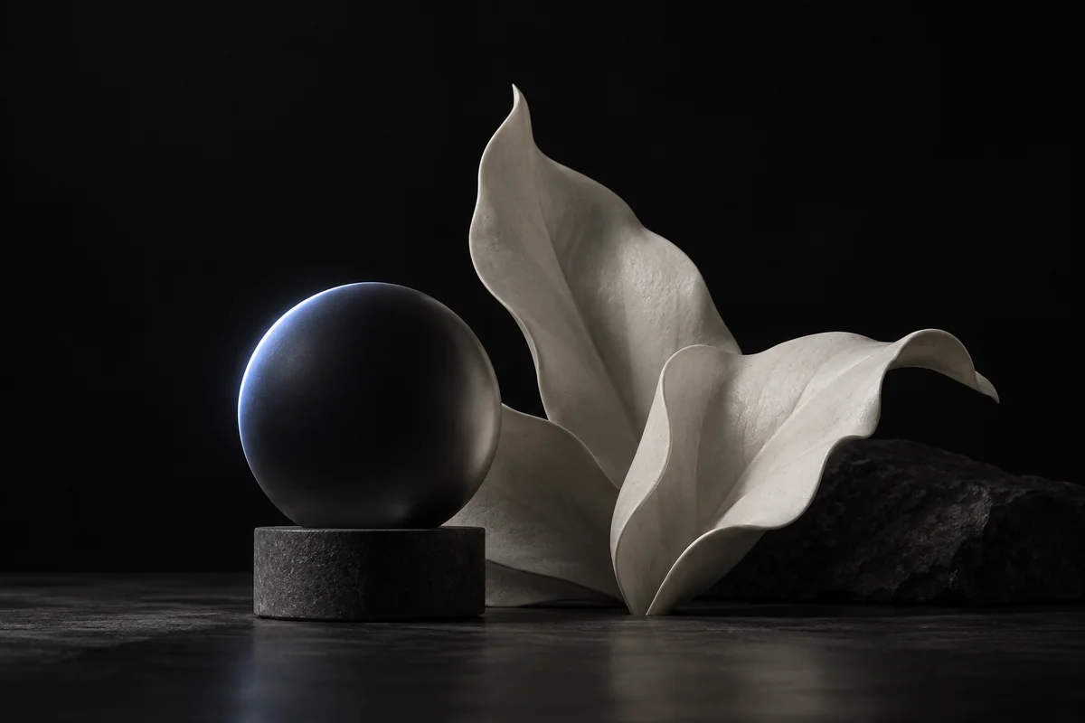 淡い光を帯びた黒い球と白い葉を並べた静物画像