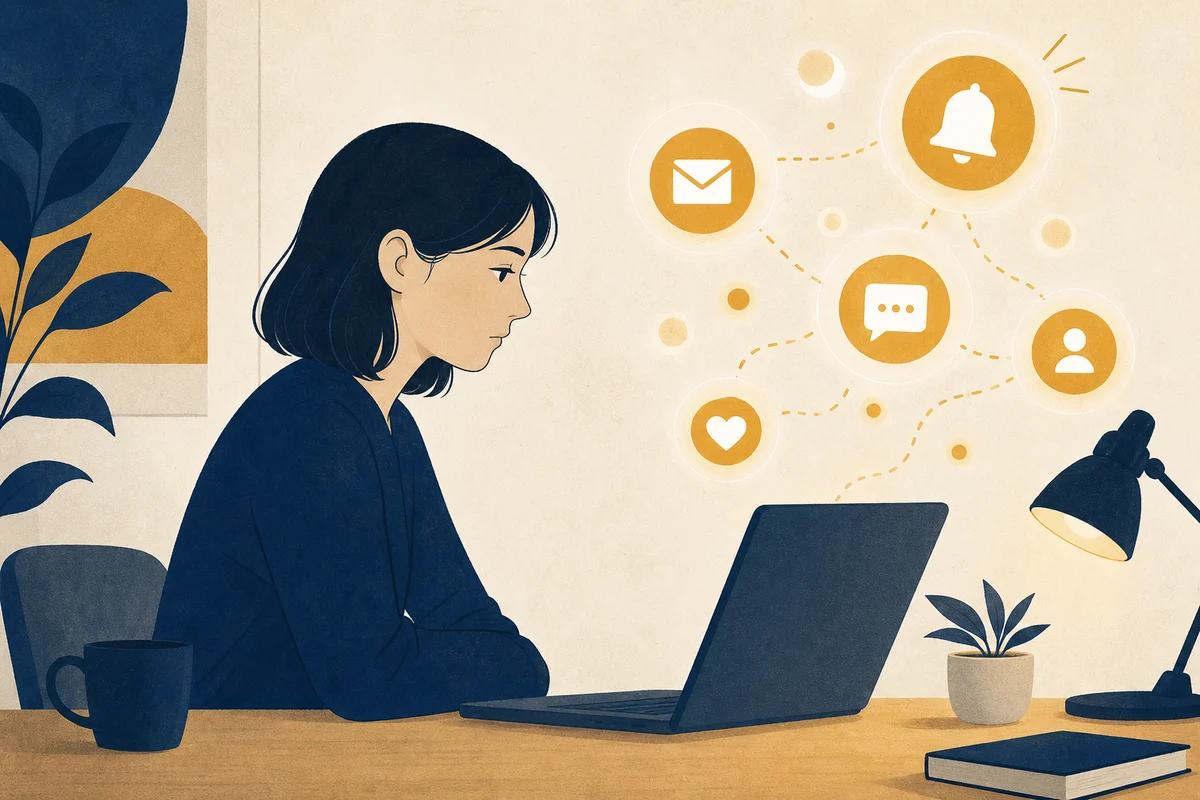 通知バッジに集中を切らされる場面のイラスト
