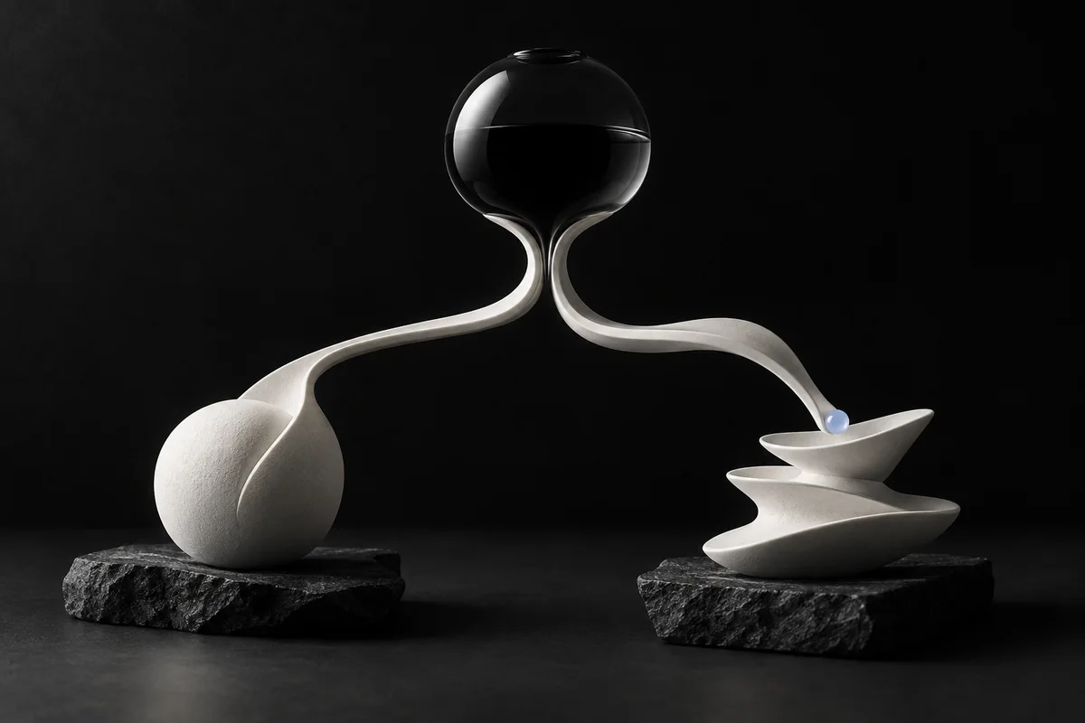 一つの黒い器から異なる形の二本の白い流れが分岐する静物画像
