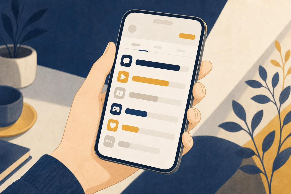スクリーンタイムのアプリ別利用時間を眺める手元のイラスト