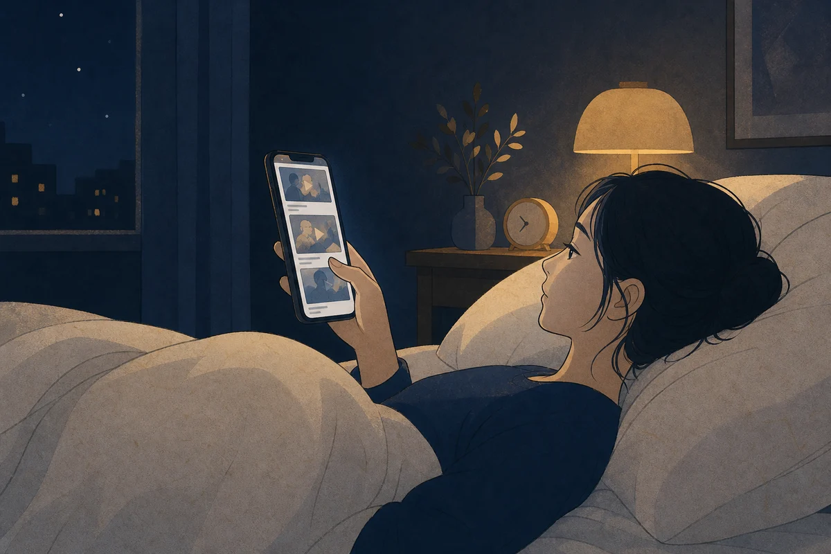 深夜に終わらない動画を見続ける手元の場面のイラスト