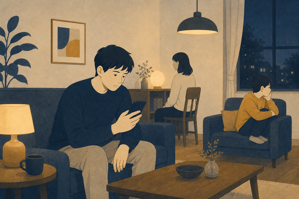 夜のリビングで距離のある家族とスマホを見る人の様子のイラスト