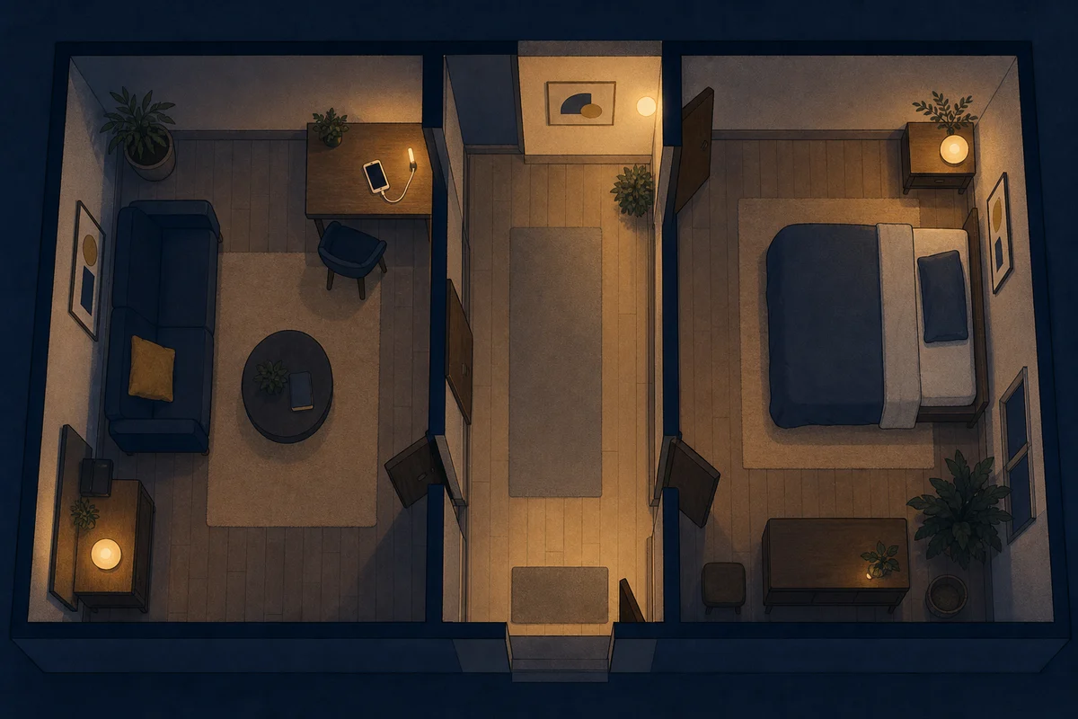別の部屋で充電されるスマホと寝室の距離を示すイラスト