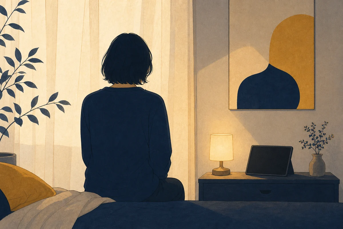 暗い部屋で閉じた画面のそばに一人でいる後ろ姿のイラスト