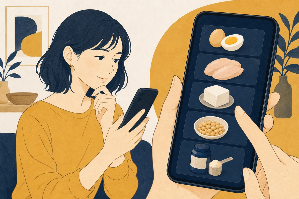 スマホの通販画面にたんぱく質源が並ぶ夜の場面のイラスト