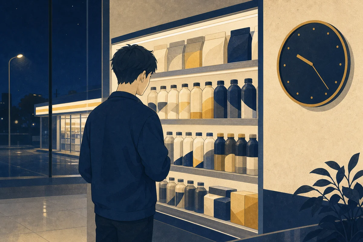 夜のコンビニでプロテインを選ぶ人のイラスト