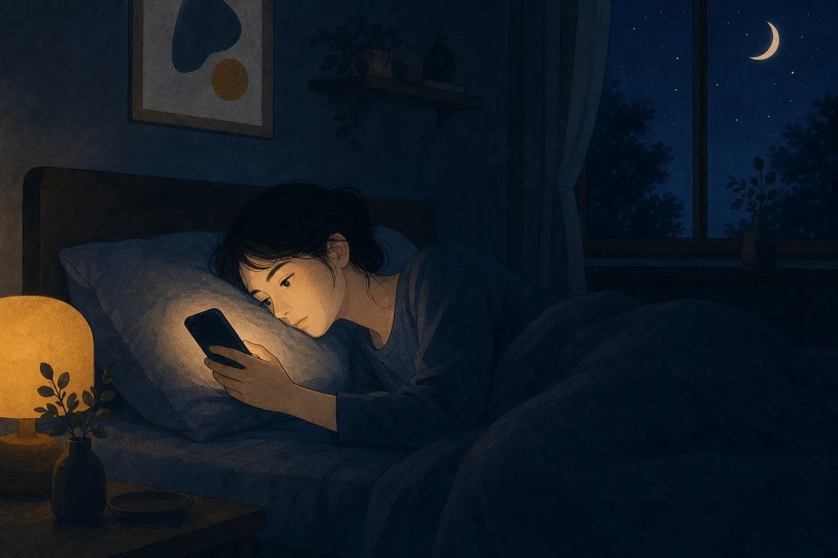 暗い寝室でスマホの光を顔に受けながら横たわる人のイラスト