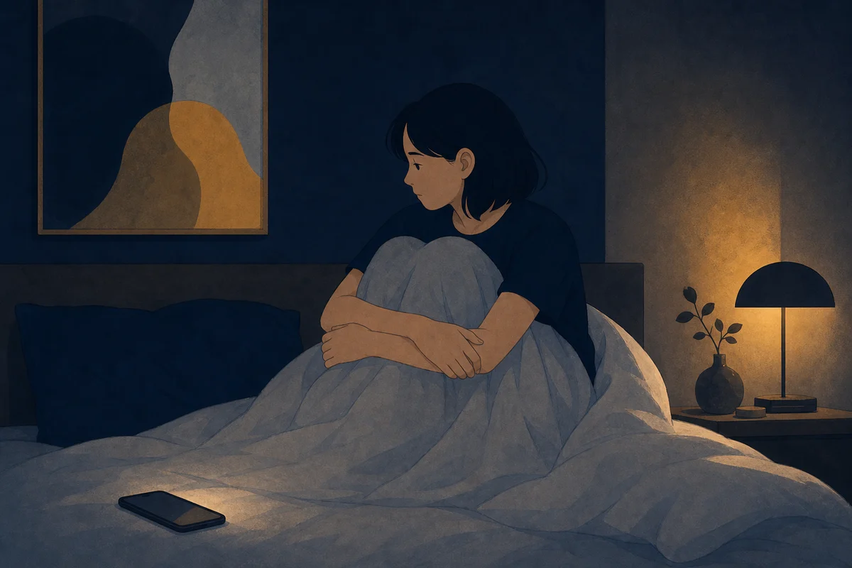 布団の中で膝を抱える人のシルエットのイラスト