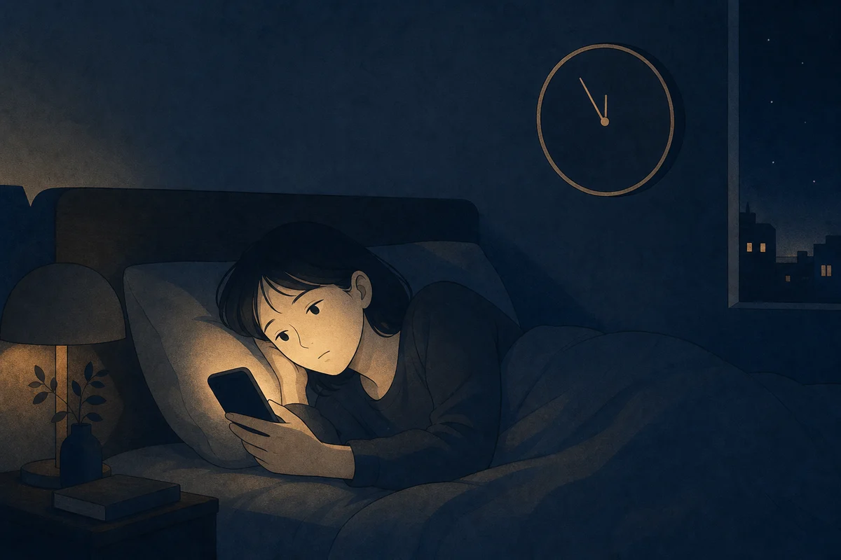 深夜2時にスマホの光で照らされた顔のイラスト