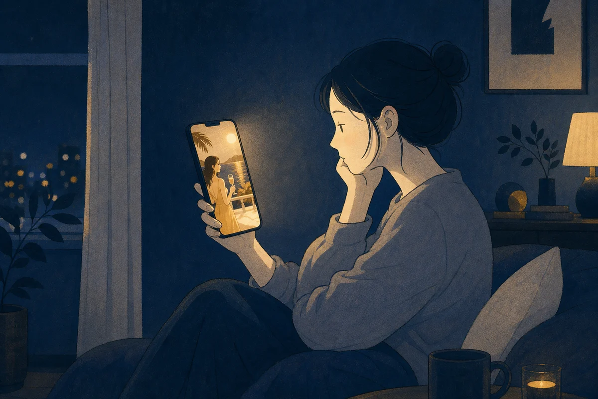 他人の華やかな投稿を暗い部屋で見る人の対比イラスト