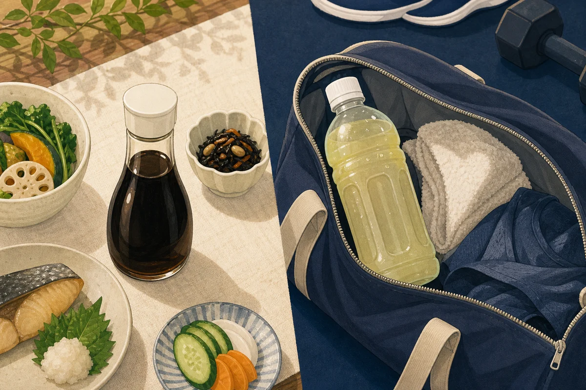 減塩調味料とスポーツ飲料を並べた対比のイラスト