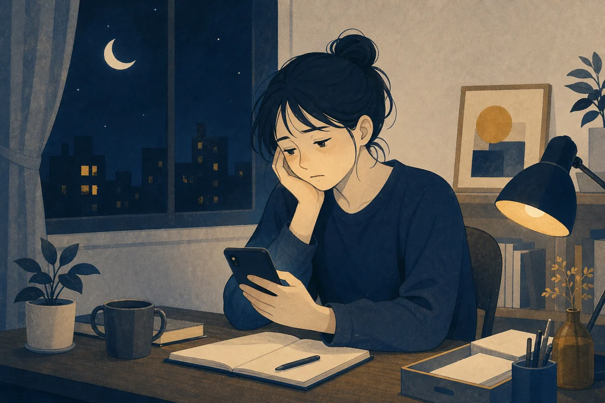 疲れた夜にスマホを惰性でスクロールする人の場面のイラスト
