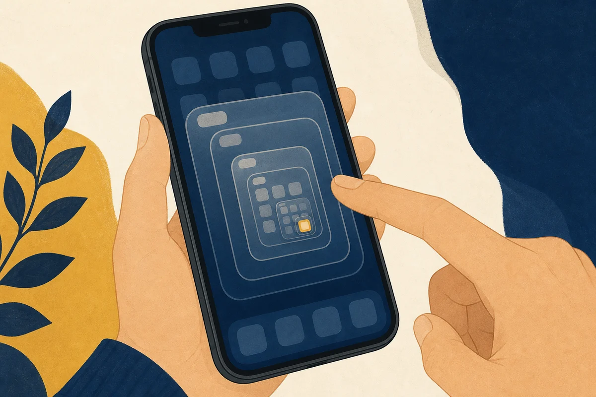 奥のフォルダにしまわれたアプリへ指が止まるイラスト