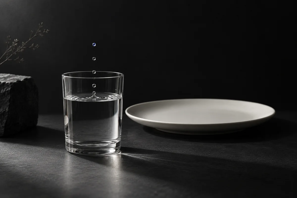 手つかずの白い皿の前で水滴が落ちるグラスの静物画像