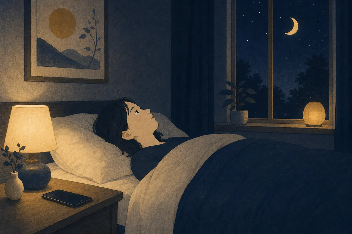 深夜にスマホを見てしまった人が天井を見上げる場面のイラスト